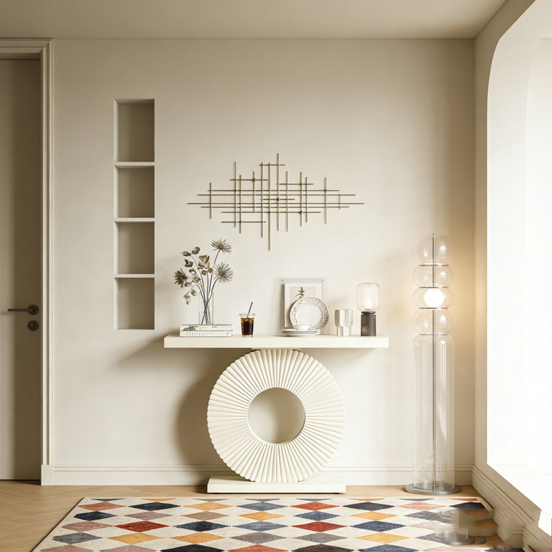 Modern Wood Sofa Table with Geometric Base, White
