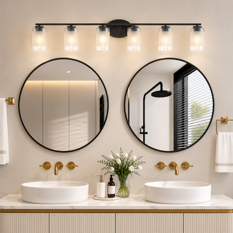 Éclairage de salle de bain à intensité variable 6 lumières 49,25 "avec abat-jour en verre, Noir