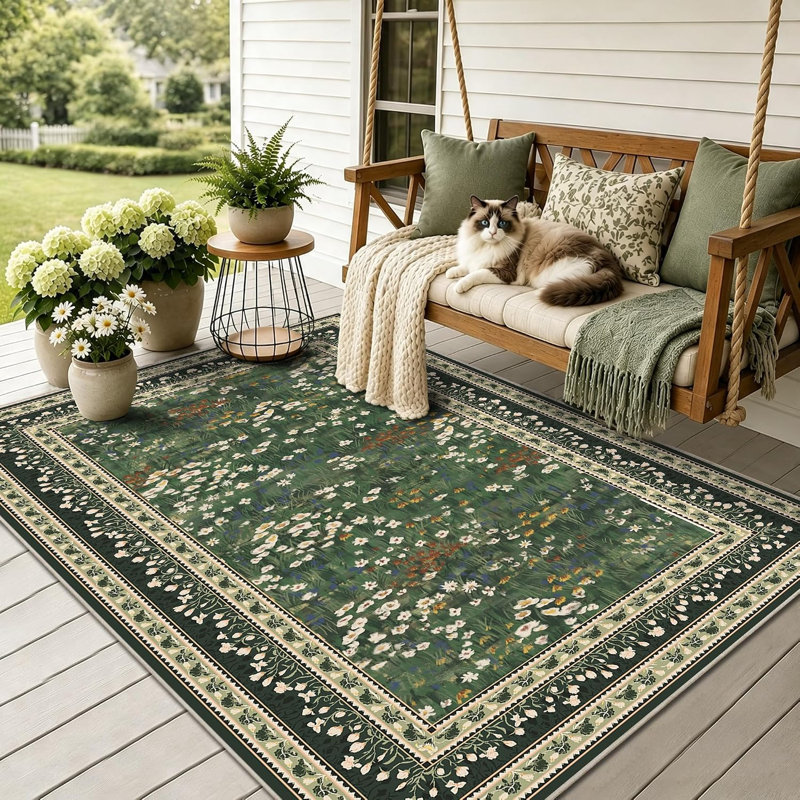 Tapis fleuri vintage lavable à la machine - Tapis botanique doux et antidérapant à poils courts, Vert foncé