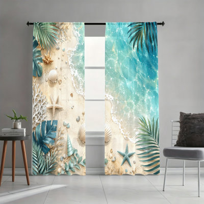 2 Panels Light Filtering Curtains, Palm Leaf Ocean Wave Seashell Tropical Beach Print Summer Refreshing Home Decor, Rod Pocket Easy Installation Window Drapes for Living Room Bedroom Study and Cabinet Decoration