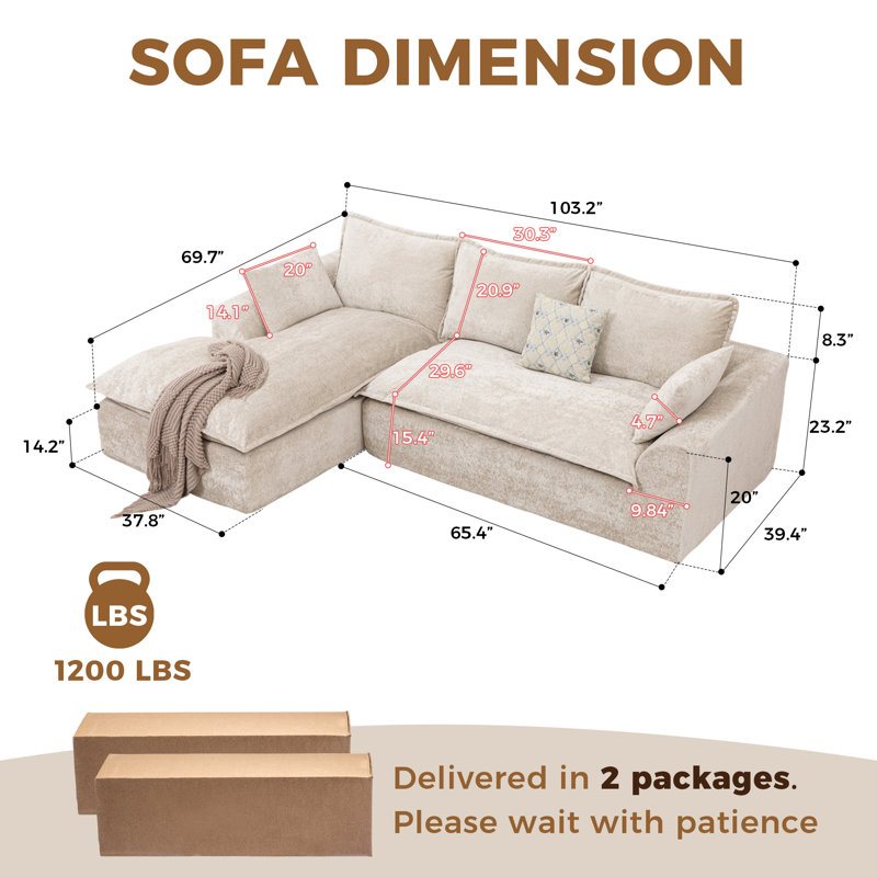 Boneless 103" Boneless Compressed Sectional Couch No Assembly Required With Pillows, Beige, Left Hand Facing