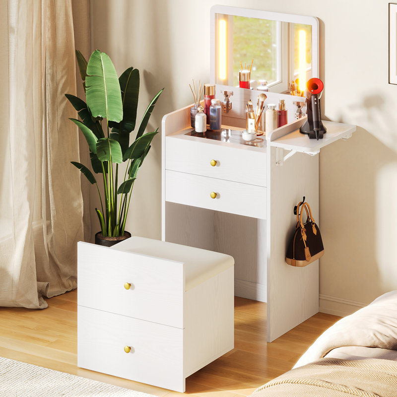 Coiffeuse 3 en 1 compacte avec miroir rabattable et éclairage, blanche, avec luminosité réglable, 3 tiroirs, tabouret de rangement et plateau en verre pour chambre à coucher