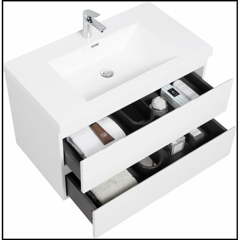 Meuble-lavabo flottant avec lavabo, rangement mural moderne pour une salle de bain propre et élégante, Blanc lustré, 35"