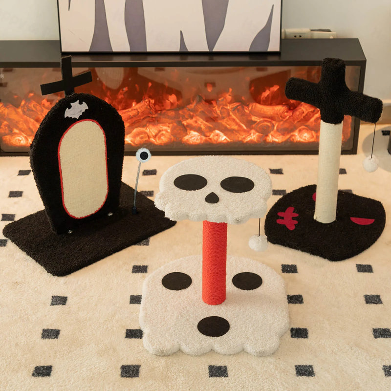 Gothic Cat Scratchers 3-piece Set, Skull & Bones & Cross & Tombstone Style Scratching Post For Indoor Cats, Spooky Halloween Cat Furniture