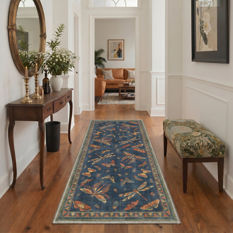 Vespera Abstract Machine Washable Blue / Green / Orange Indoor Area Rug with Non-Slip Backing, Runner 2' x 6'