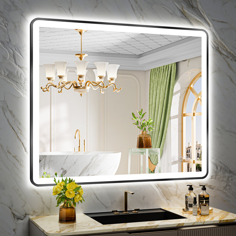 Hyosvany Matte Black Matel Framed LED Vanity Mirror with Front-lit and Back-lit, Memory Function, 3 Color Temperatures, Dimmable Light & Anti-fog Tempered Glass Mirror