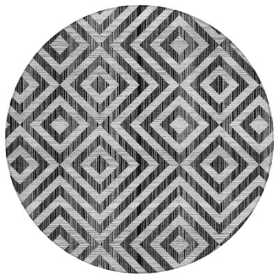 8' Black Gray And Silver Round Geometric Washable Indoor Outdoor Area Rug