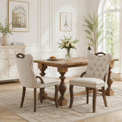 Velvet Dining Chair with Handmade Tufted Trim, Solid Wood Handles on Top and Sides, Vintage Copper Nail Decoration, Curved Solid Wood Legs, Elegant Overall Shape,Set of 2,Beige