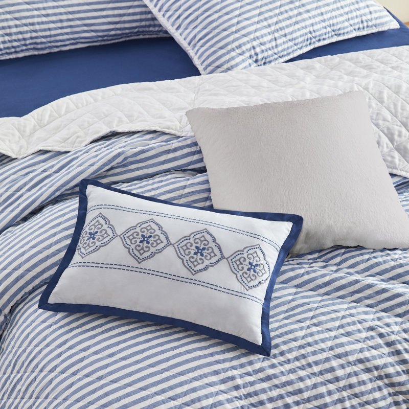 Ensemble de literie 5 pièces Wonderful, Courtepointe pour grand lit + 2 taies décoratives, Bleu marine / blanc
