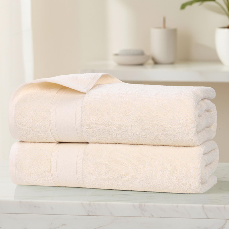 Nile Mills  Zero-Twist Cotton Bath Towel Set With Framed Dobby Border - Quick-Dry, Ivory