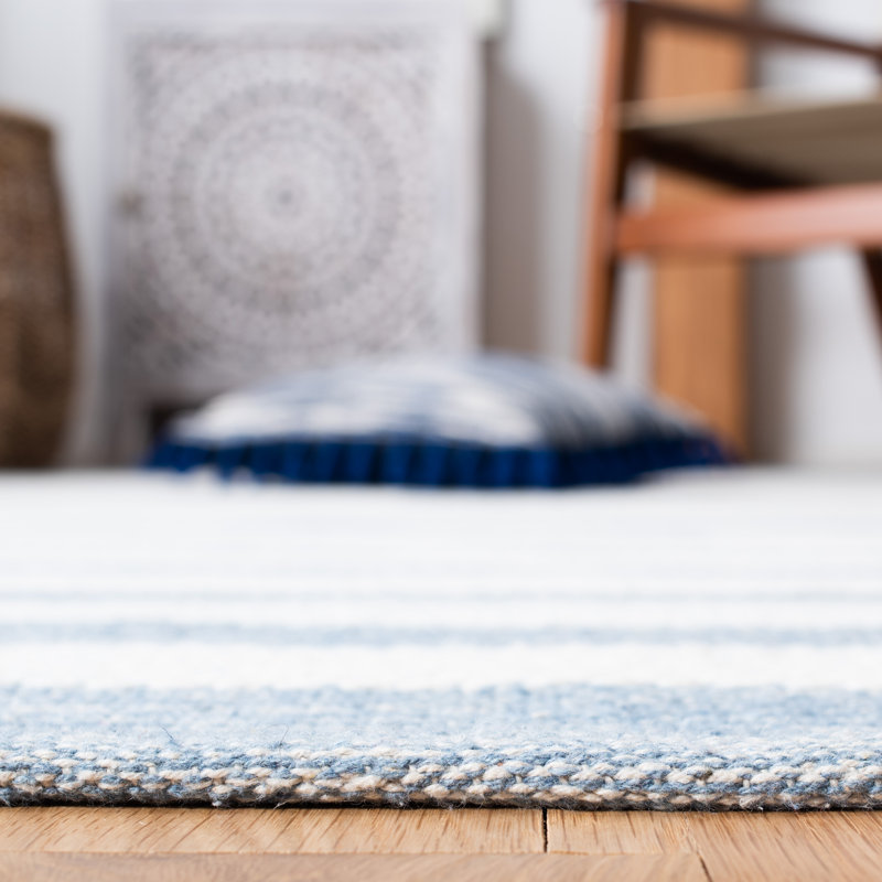 Wisen Hand Woven Cotton/Wool Striped Rug in Ivory/Blue, Rectangle 9' x 12'