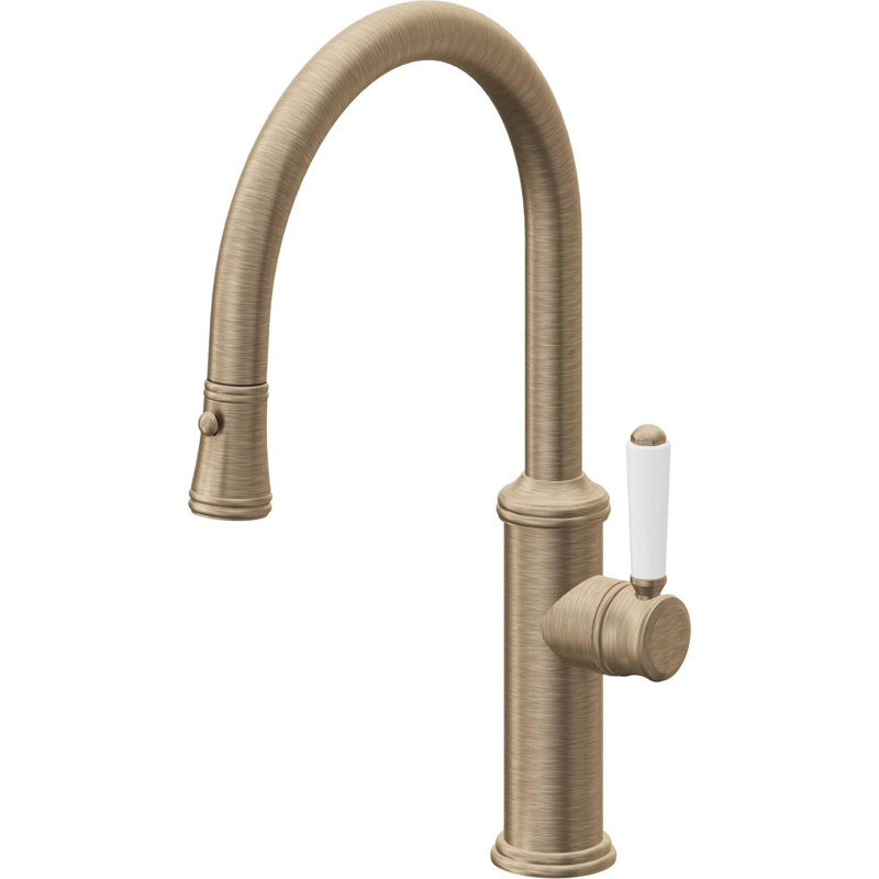 Davoli Kitchen Pull-Down Faucet with Button Sprayer - Low Arc Spout, Polished Brass