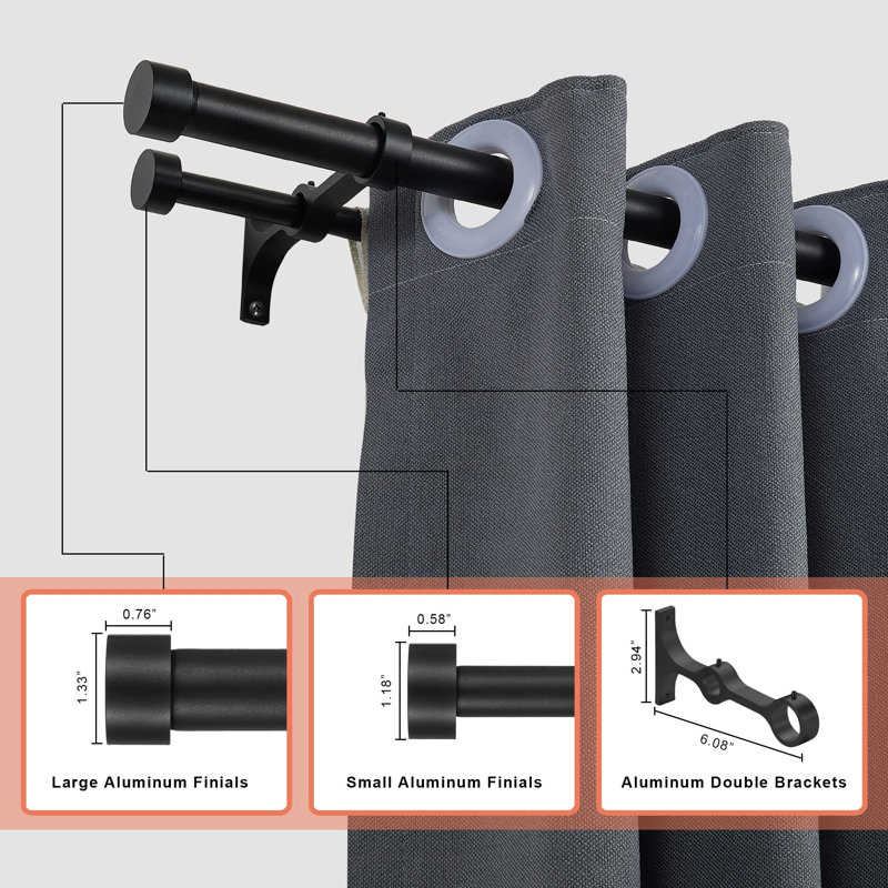 Tringle à rideaux double avec embouts en aluminium et supports de fixation complets, Taille: 36 à 72 po, Noir mat