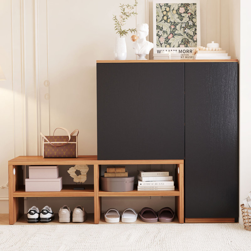 Meuble à chaussures 70,9 "moderne extensible et console de hall d'entrée, organisateur de rangement réversible en forme de L avec tablettes, noir et noyer