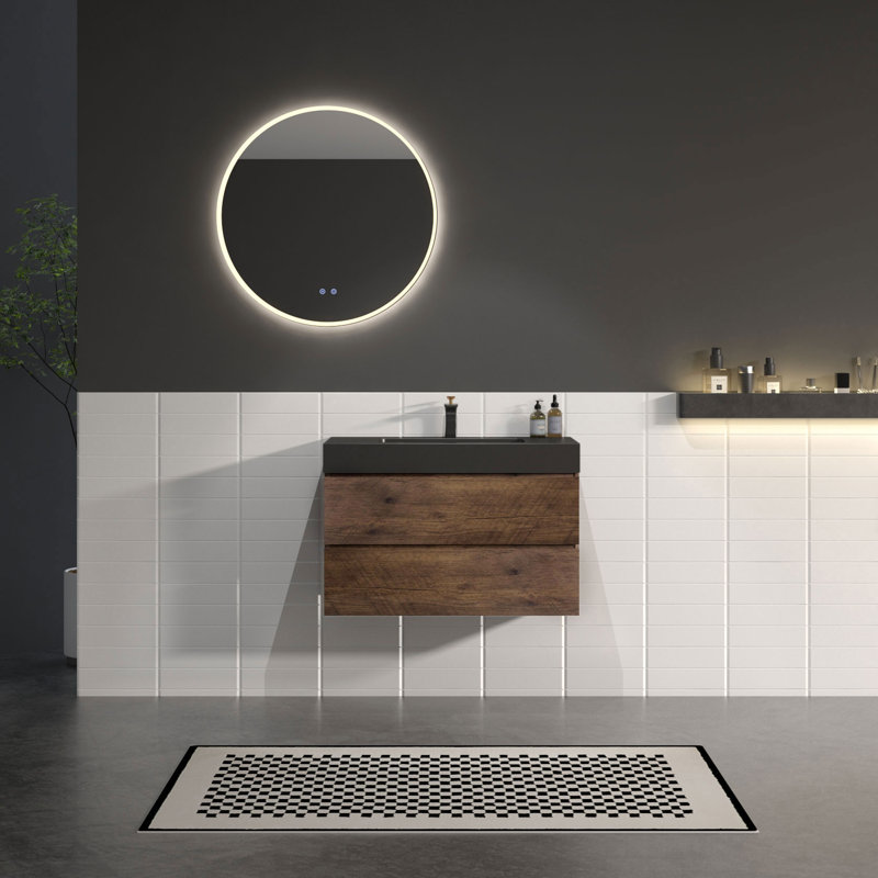 Meuble-lavabo mural simple de 30 po avec comptoir à surface solide avec trop-plein, pré-assemblé, Noyer, Noir mat, 30"