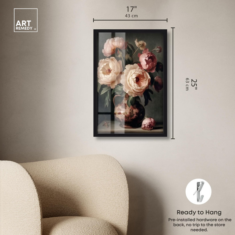 «Peony Rhapsody Shadowbox Print» par Art Remedy, H 25 po x l 17 po, Noir