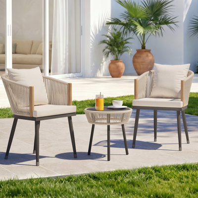  Dining Chairs Set Of 4, Curved Back Dining Room Chairs With Removable Cushions, Kitchen Chair With Boho Woven Rope Backrest, Outdoor Patio Dining Chairs, Beige