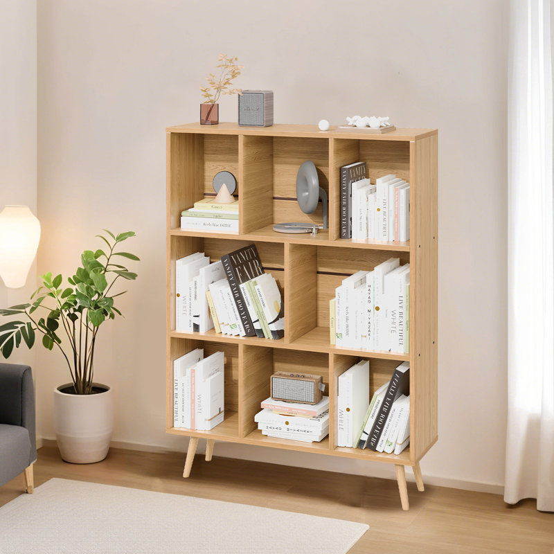 31.5" Bookcase Sideboard Storage Shelf 3-Shelf 8-Module with 4 Solid Wood Legs, Natural