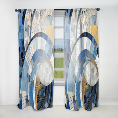 Gold Constructing Blue Realms I - Abstract Shapes Curtain - Velvet Room Darkening - 1 panel