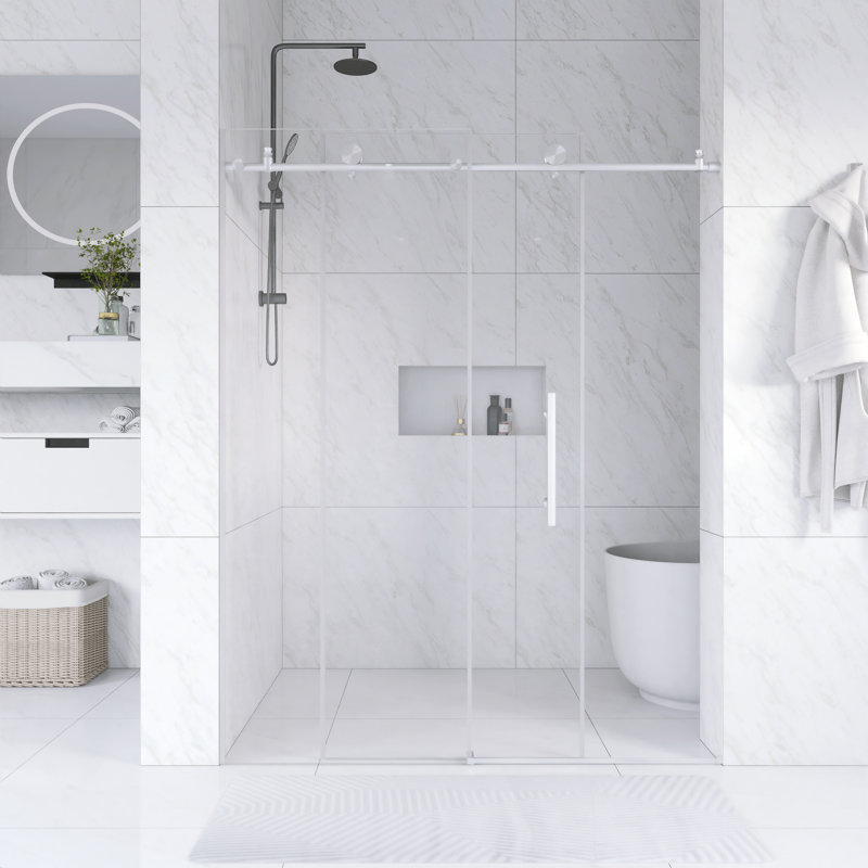 56 In. -60 In. W × 76  In. H Frameless Shower Door With 1/4"Clear  Tempered Glass In Brushed Nickel |  Explosion Proof Film |   Stainless Steel Handle