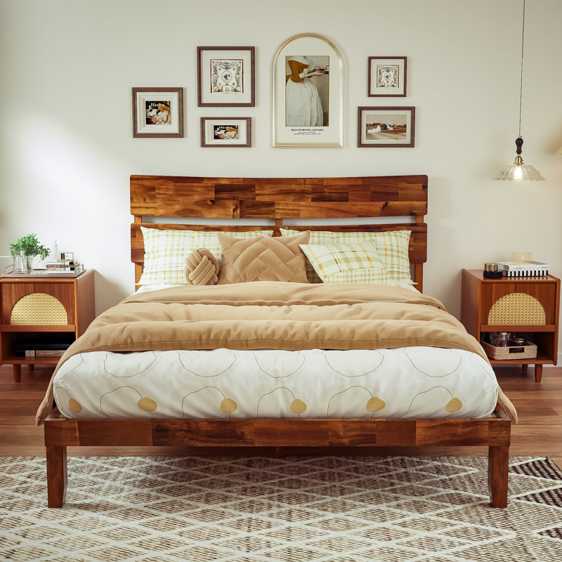 Wood Queen Bed Frame With Headboard,solid Acacia Wood Bed Frame Foundation With Wood Slat Support