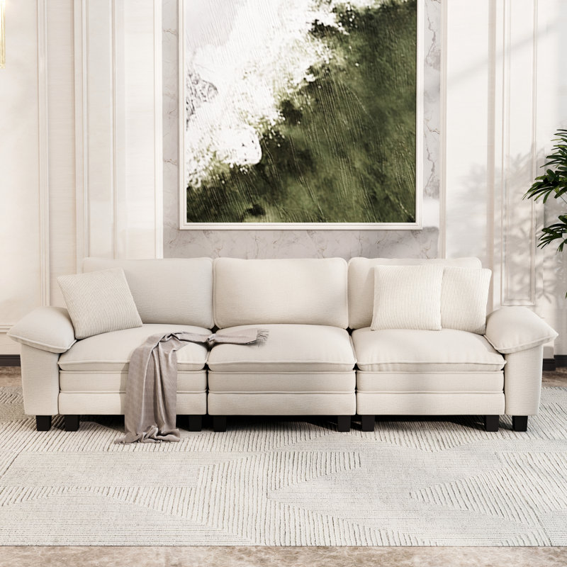 124" Modular Sectional Sofa, Comfy Cloud Couch For Living Room, 3-seater Deep Seat Sofa With Throw Pillow, Ivory Chenille