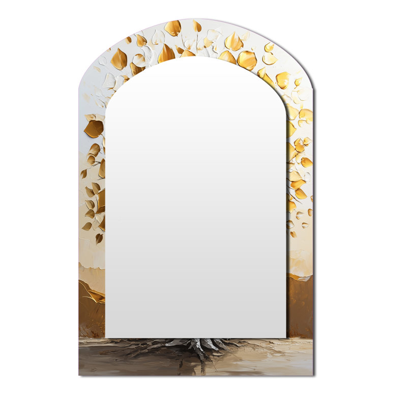 Or fauve fou et or blanc et arbre I - miroir mural asymétrique en bois de tilleul américain, miroir décoratif arqué traditionnel