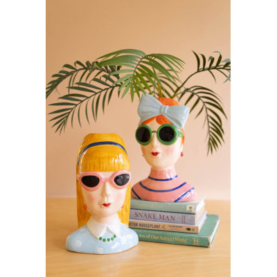 Kalalou Ceramic Girls with Sunglasses Vases 11.5"H Multicolor Glazed Decorative Vases Set Of 2