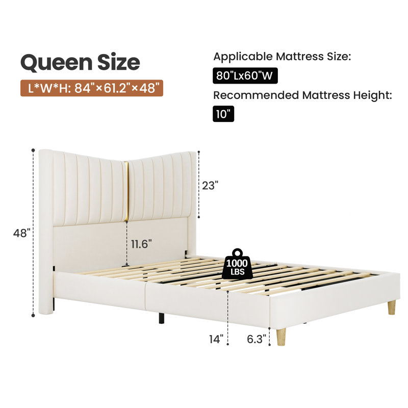 Queen Velvet Upholstered Platform Bed with V-Shaped Wingback Headboard