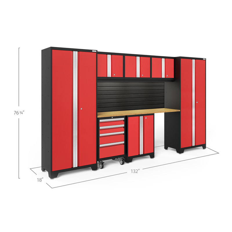 Bold Series 8 Piece Garage Storage Cabinet System Set, Red/Bamboo