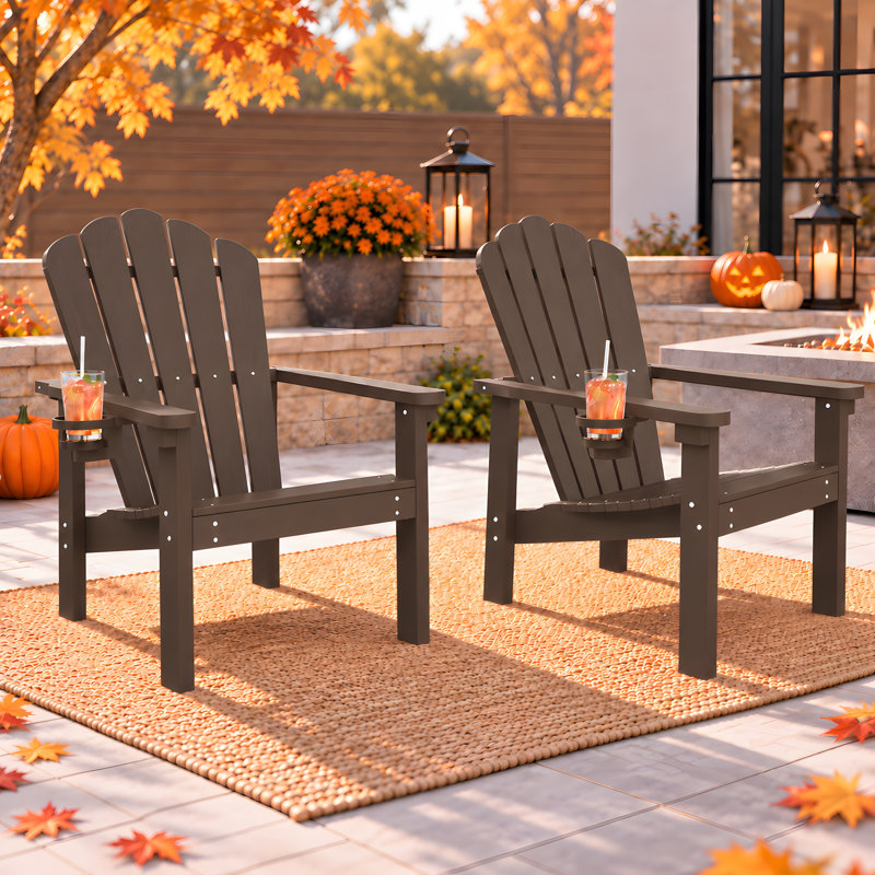 Dareona Set of 2 HDPE Stackable Adirondack Chairs with Cup Holders, All-Weather Outdoor Patio Chairs, 2, Brown