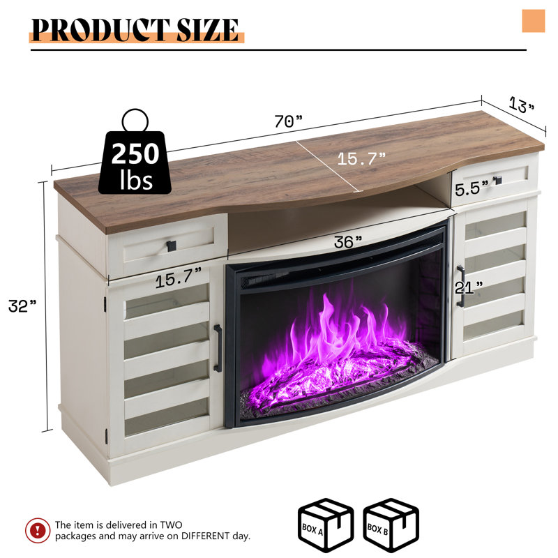 Armoney 70" Farmhouse Curved Fireplace TV Stand With 36'' Electric Fireplace/Led Light/Glass Door & Adjustable Shelves, Barnwood White