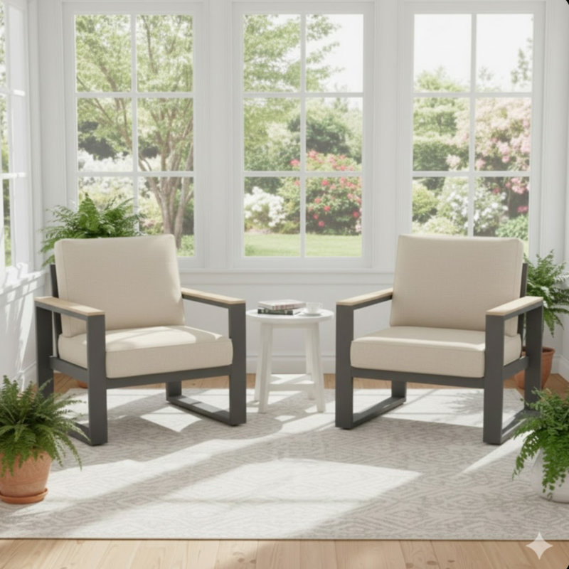 Ensemble de 2 fauteuils de patio en aluminium toutes saisons de 26,6 po avec coussins beiges épais, Beige