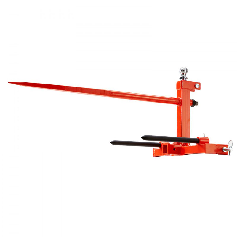 Lance à foin de 49 po, capacité de chargement de 1 600 lb, attelage à trois points avec 2 stabilisateurs de 17,5 po, fourches à fixation rapide