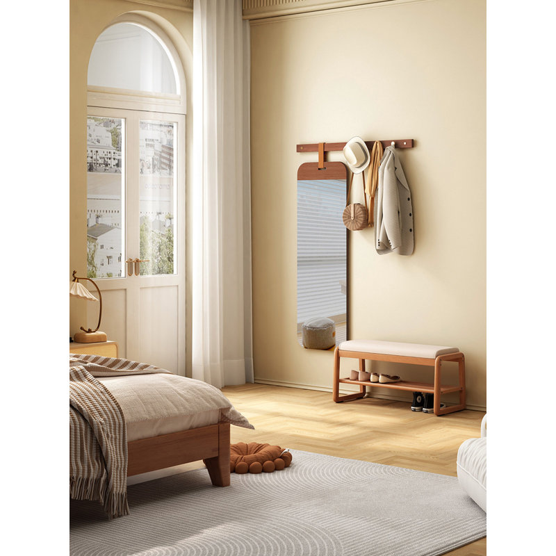 Modern Minimalist Rubberwood Wall-Mounted With Hooks Full-Length Mirror