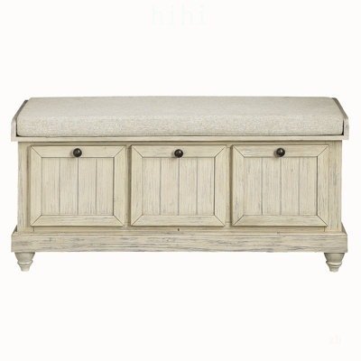 Durable Storage Bench with Flip-Top Seat, Beige Upholstery, and Distressed White Finish for Home Decor