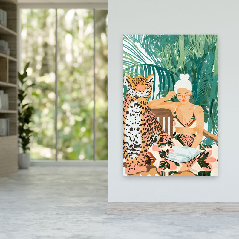 Tropical Reading With Leopard Peaceful Serene Cat Animal Nature Wall Art Print 1 Piece Wrapped Canvas Wall Art
