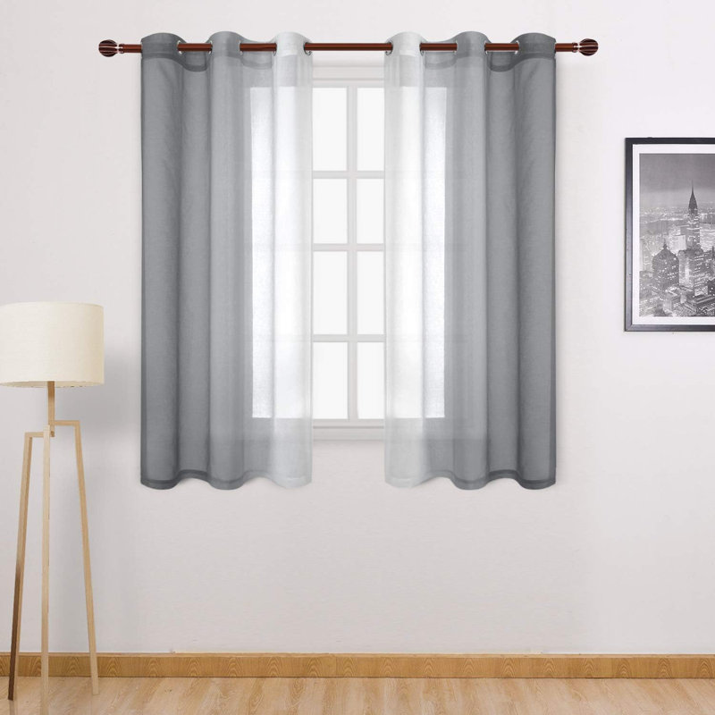 2 Panels Ombre Sheer Curtains Faux Linen Semi Voile Gradient Farmhouse Style Curtains, Grommet Top Window Drape Panels for Bedroom and Living Room