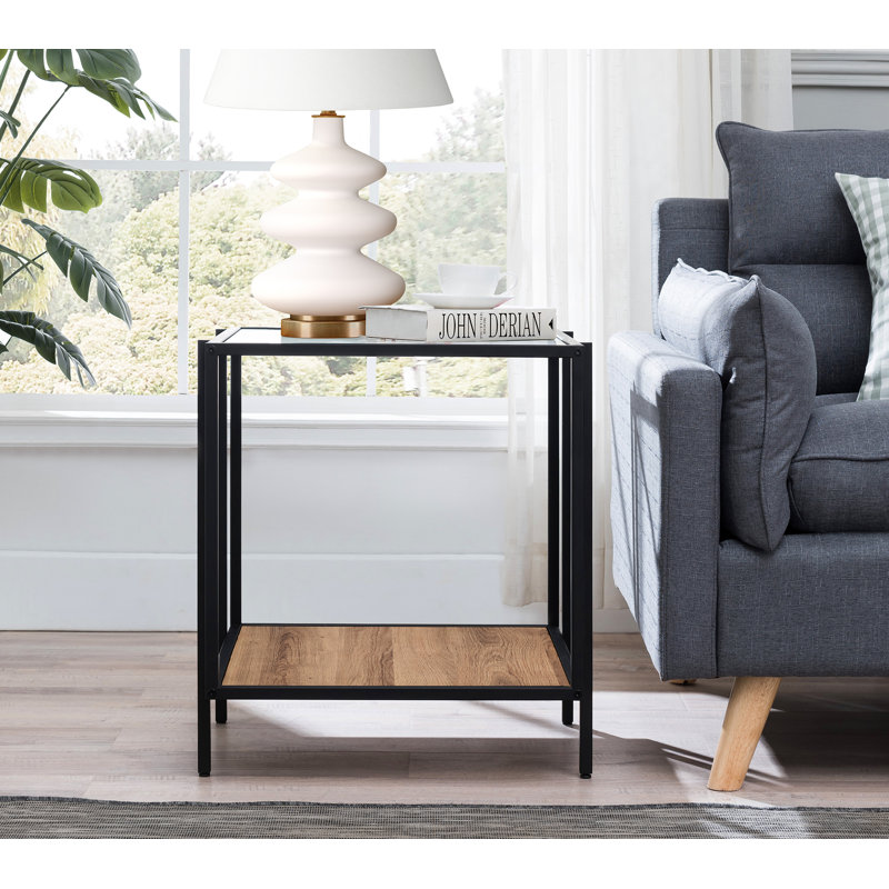 Vireo Glass Top End Table, Blackened Bronze/Rustic Oak