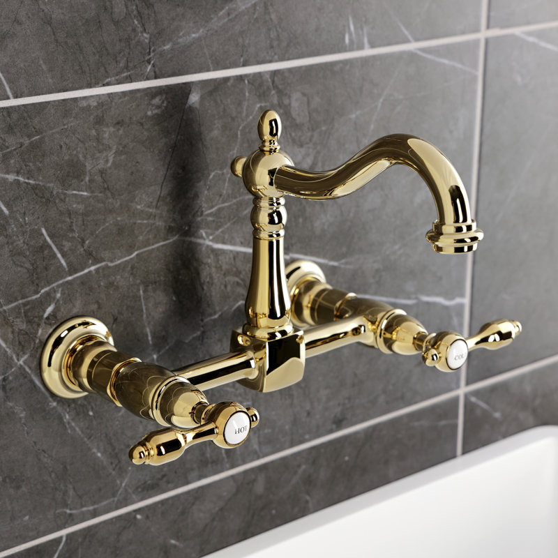 Kingston Brass Tudor Double-Handle 2-Hole Wall-Mount Bridge Kitchen Faucet, Polished Brass