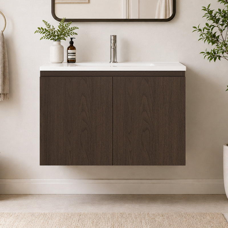 Sylvan 30" Single Wall-Mounted Floating Bathroom Vanity with Ceramic Sink, Dark Walnut,Hardwood Plywood,Soft-Close Doors & Interior Adjustable Storage