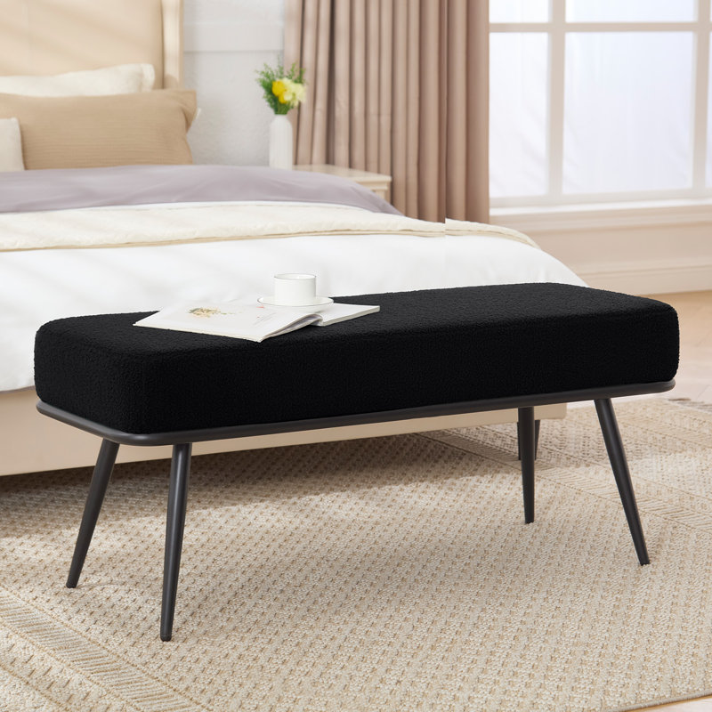43.3"W Modern Upholstered Bench with Metal Frame and Teddy Fabric, Black