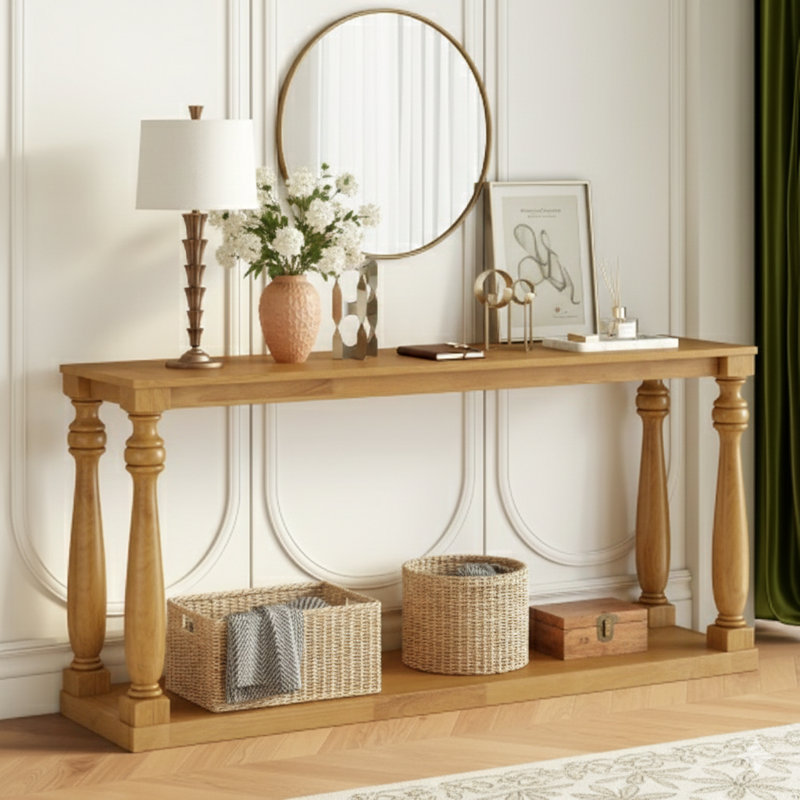 Console rétro à grain de bois rétro avec un design peu encombrant, comprenant une tablette inférieure et quatre pieds fuselés en bois massif. Une table d'entrée moderne et étroite pour les entrées, les couloirs, les salons ou les chambres.