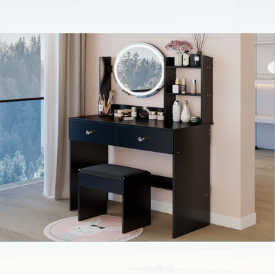 Ensemble de coiffeuse à miroir rond à DEL avec tabouret à coussin souple, interrupteur tactile, luminosité réglable et rangement multicouche pour les petits espaces