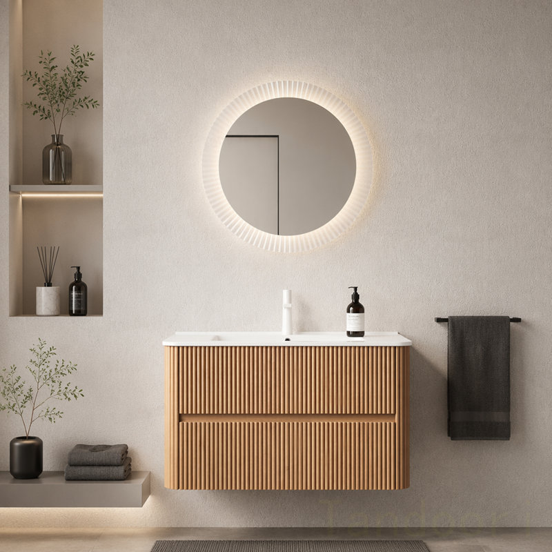 Meuble-lavabo de salle de bain avec lavabo, armoire de rangement murale en contreplaqué flottant avec 2 tiroirs, lavabo en céramique, sans robinet, pré-assemblé