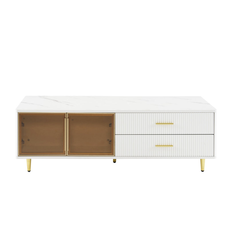 Table basse moderne avec 2 portes de rangement en verre, 4 tiroirs, pieds en métal et éclairage de 47,2 po
