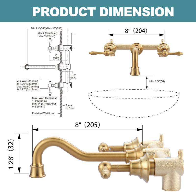 Brass 3 Hole Wall Mounted 8 In. Widespread Double Handle Bathroom Faucet With Brass Value, Gold