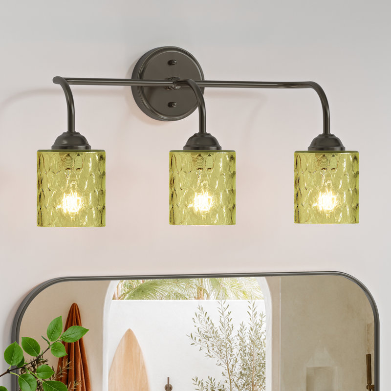 Éclairage pour meuble-lavabo de salle de bain 3 lumières Mid-Century moderne avec abat-jour en verre texturé, noir mat, E26
