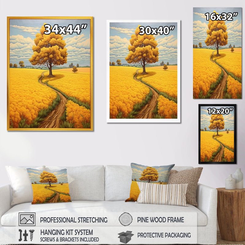 «Yellow Tree in Blossoming Golden Meadow», reproduction sur toile, Cadre photo blanc, H 32 po x l 16 po x P 1 po