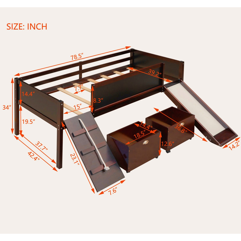 Lit mezzanine simple avec structure d'escalade, glissade et deux boîtes de rangement pour chambres d'enfants - Espresso